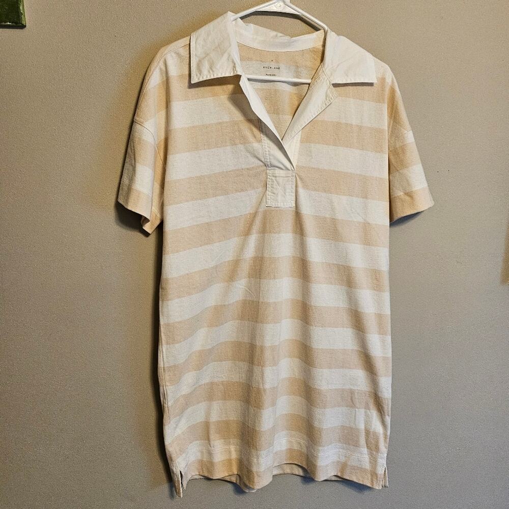 Everlane The Organic Cotton Striped Pull On Polo Dress Tan and White Medium